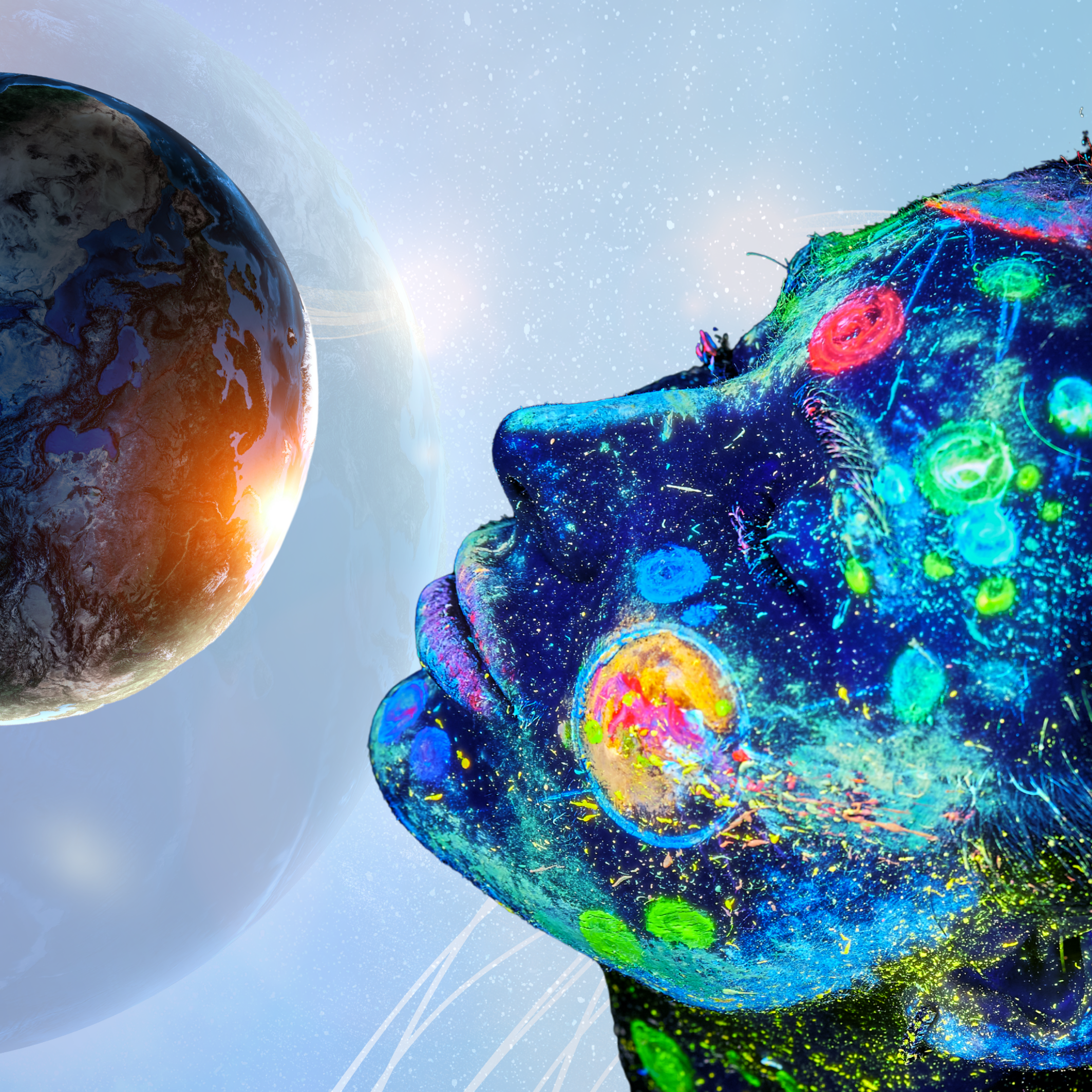 Artistic depiction of a face with cosmic universe and a earth healing, law of divine universe in the background